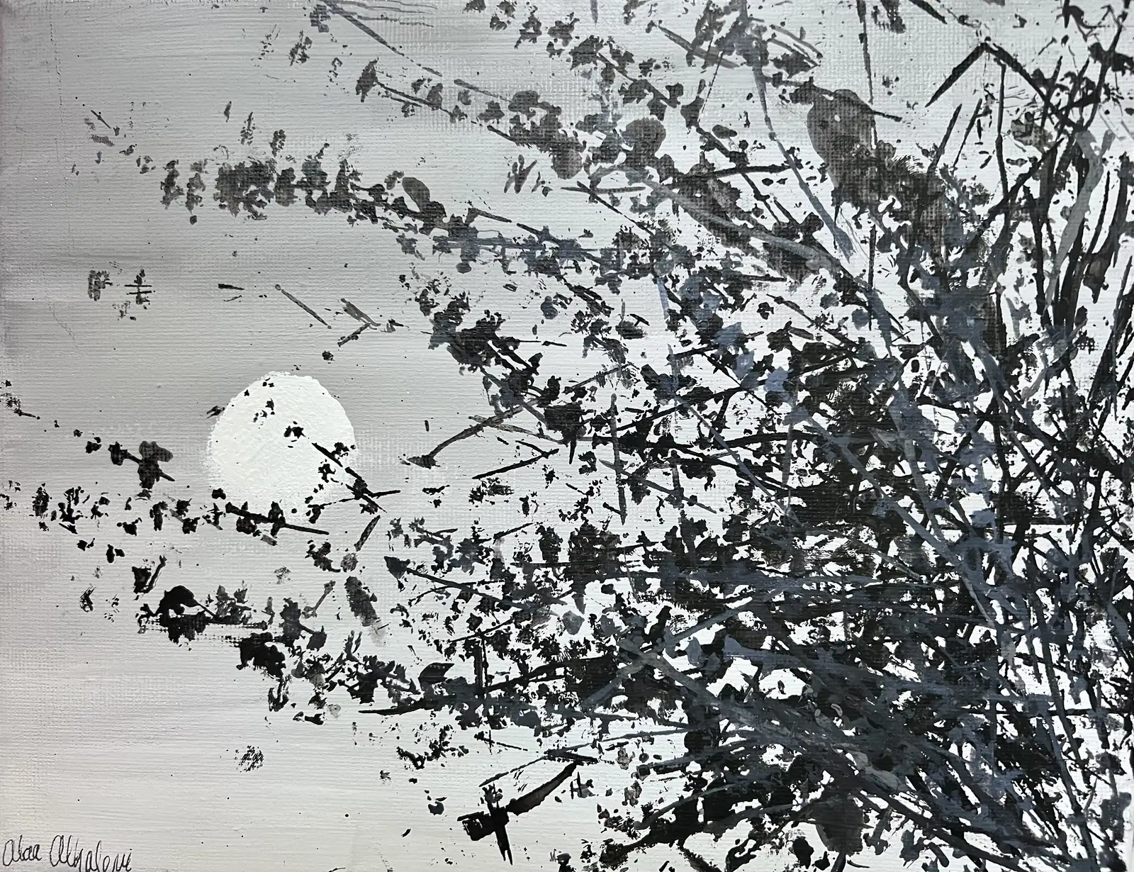 Moon behind winter branches, acrylic on canvas