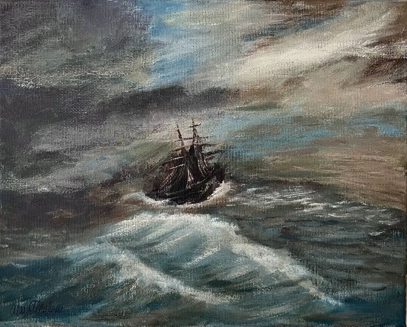 Ship in a storm, oil on canvas